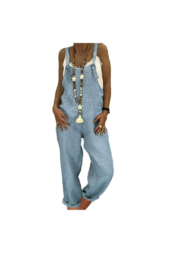Women’s Plus Size Denim Overall Bib Loose-fitting Wide Leg Adjustable Strap Jean Jumpsuits with Pockets