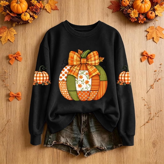 Ynynloco Women's Pumpkin Graphic with Bow Sweatshirts Crewneck Casual Fall Long Sleeve Tops