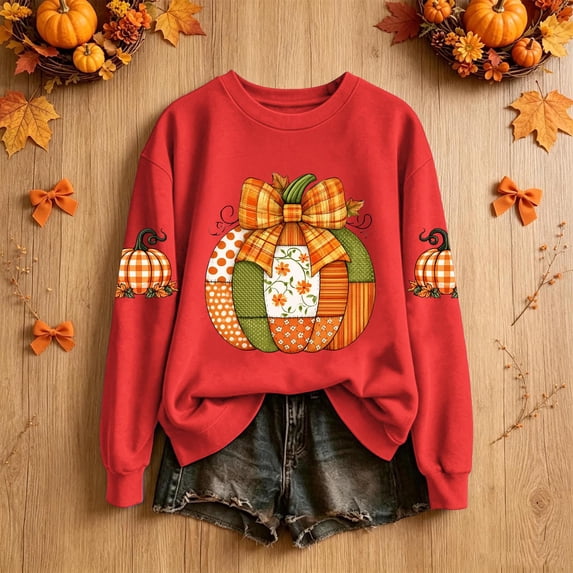 Ynynloco Women's Pumpkin Graphic with Bow Sweatshirts Crewneck Casual Fall Long Sleeve Tops
