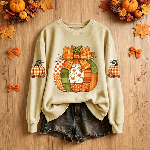 Ynynloco Women's Pumpkin Graphic with Bow Sweatshirts Crewneck Casual Fall Long Sleeve Tops