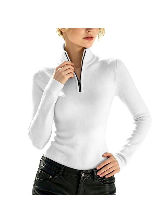 Women's Quarter Zip Pullover Polar Fleece Sweatshirts Long Sleeve Slim Fit High-Neck Jacket Warm Tops