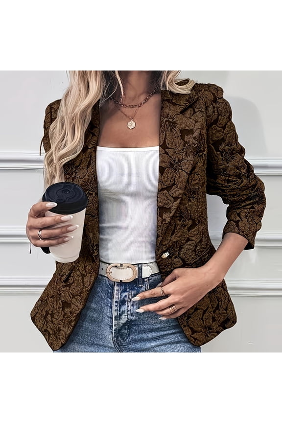 Women's Ruched 3/4 Sleeve Blazers, Lightweight Slim Fit Floral Embossed BlazerJackets with Padded Shoulder for Business Casual