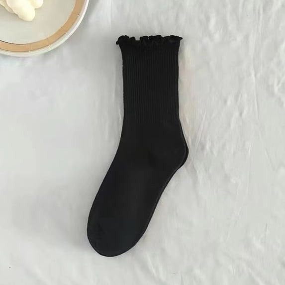 Ynynloco Women's Ruffle Edge Ribbed Crew Socks Soft Cotton Mid Calf Socks for Casual and Sweet Style