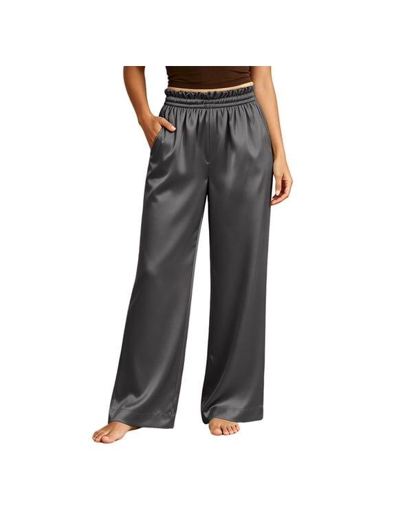 Women's Satin High Waisted Wide Leg Dress Pants Silk Casual Dressy Long Flowy Pull On Pants Trousers with Pockets