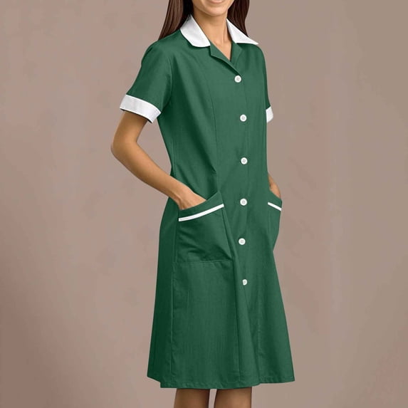 Ynynloco Women's Short Sleeve Collared Button Front Midi Dress with Pockets Professional Uniform Dress