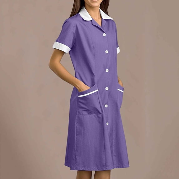 Ynynloco Women's Short Sleeve Collared Button Front Midi Dress with Pockets Professional Uniform Dress