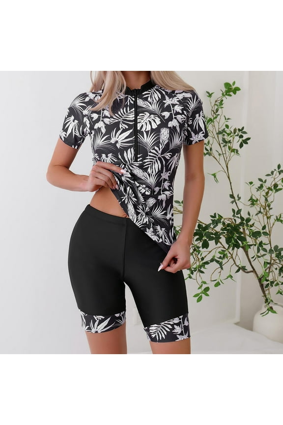 Women's Short Sleeve Rash Guard Two Piece Swimsuit, Leaf Print Zip Front Athletic Bathing Suit with Boy Shorts