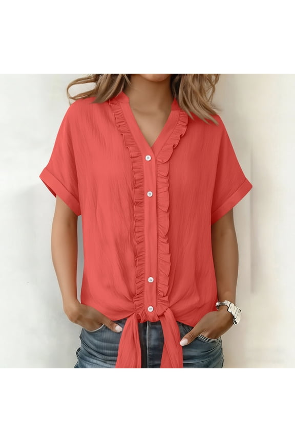 Women's Short Sleeve V Neck Basic Tops Blouses Button Down Tie Hem Ruffle Hem Tie Front Blouses Lightweight Summer