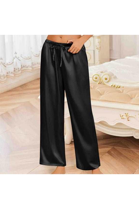 Women's Silk Satin Pajama Pants Casual Longs Loose Lounge Pants Drawstring Elastic Waist Wide Leg Summer Pants with Pockets