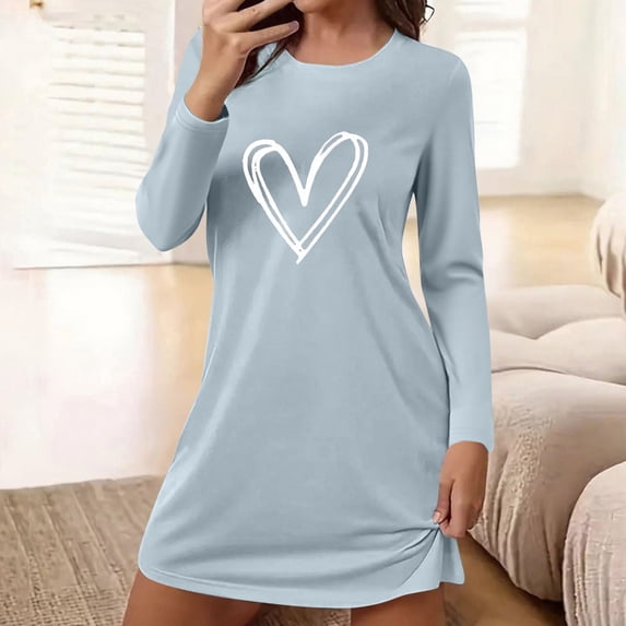 Ynynloco Women's Sleepwear Long Sleeve Nightgown Sleep Dress Lounge Printed Sleep Shirt Soft Comfortable Loose Nightshirt Sleep Dress