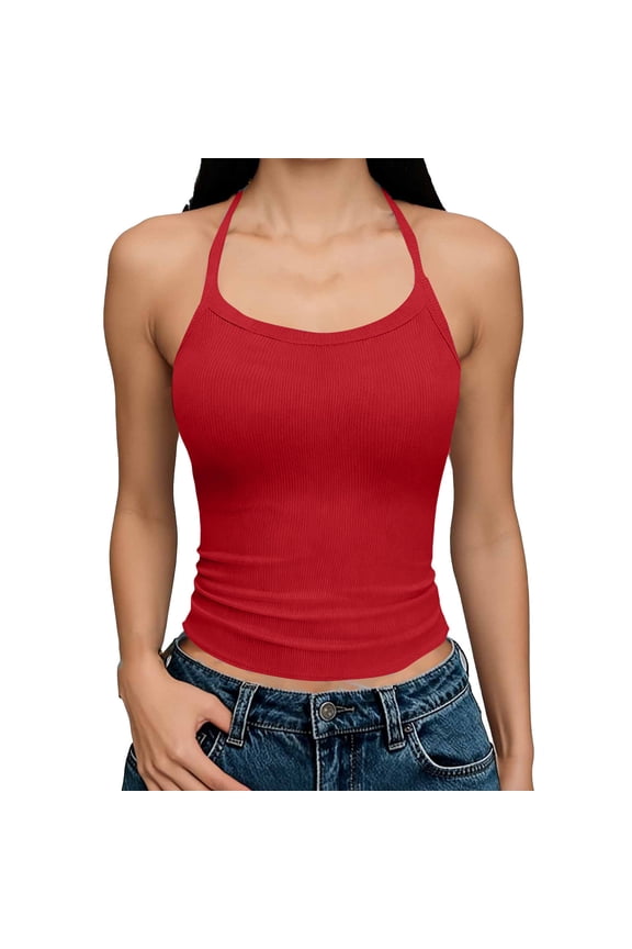 Women's Sleeveless Tank Top Form Fitting Halter Neck Ribbed Knit Basic Cami Crop Blouse Shirts