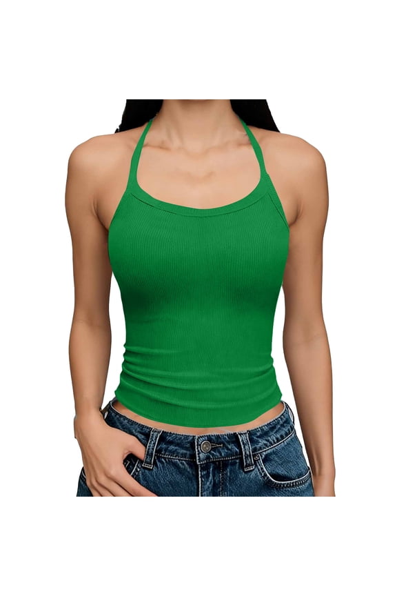 Women's Sleeveless Tank Top Form Fitting Halter Neck Ribbed Knit Basic Cami Crop Blouse Shirts