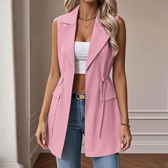 Ynynloco Women's Sleeveless Vest Blazer Lapel Casual Drawstring Waist Open Front Fall Winter Work Office Tops Jacket