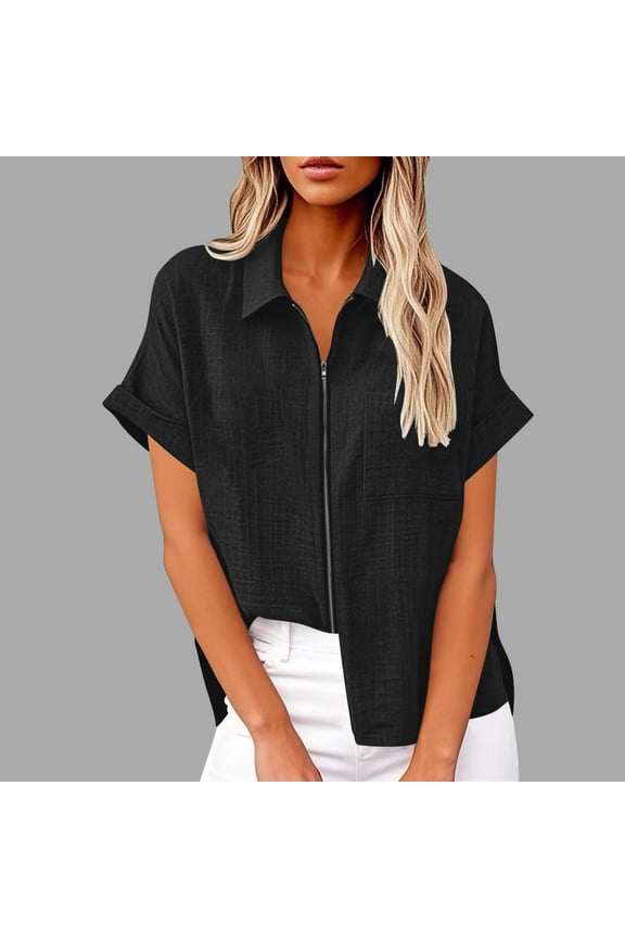 Women's Solid Color Short Sleeve Tops and Blouses Zip Front Collared V Neck Business Casual Tops Loose Fit Shirt with Chest Pocket
