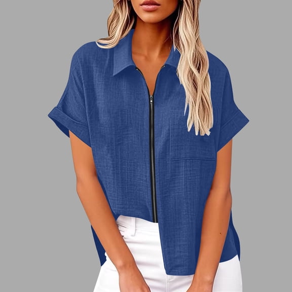 Ynynloco Women's Solid Color Short Sleeve Tops and Blouses Zip Front Collared V Neck Business Casual Tops Loose Fit Shirt with Chest Pocket