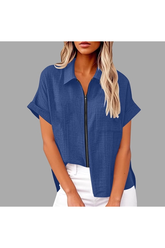 Women's Solid Color Short Sleeve Tops and Blouses Zip Front Collared V Neck Business Casual Tops Loose Fit Shirt with Chest Pocket