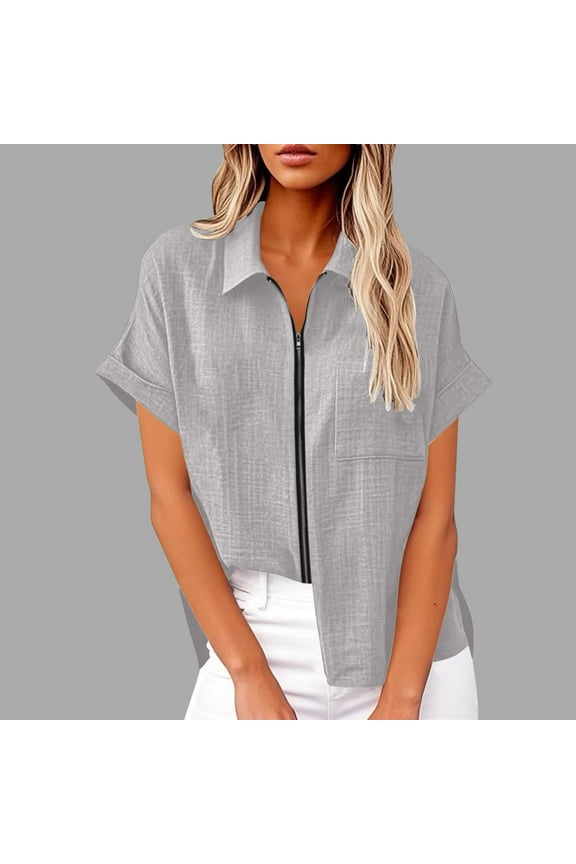 Women's Solid Color Short Sleeve Tops and Blouses Zip Front Collared V Neck Business Casual Tops Loose Fit Shirt with Chest Pocket