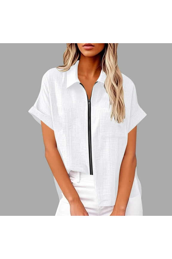 Women's Solid Color Short Sleeve Tops and Blouses Zip Front Collared V Neck Business Casual Tops Loose Fit Shirt with Chest Pocket