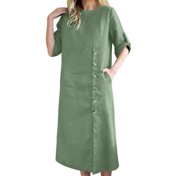 Ynynloco Women's Spring Summer Short Sleeve Crew Neck Button-Down Shirt Dress Loose A-Line Midi Shift Tunic Dress