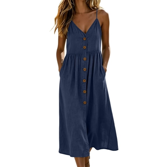 Ynynloco Women's Summer 100%Cotton Midi Dresses A-Line Button Down Swing Dress Spring Sundresses Vacation V Neck Casual Beach Clothes Outfit