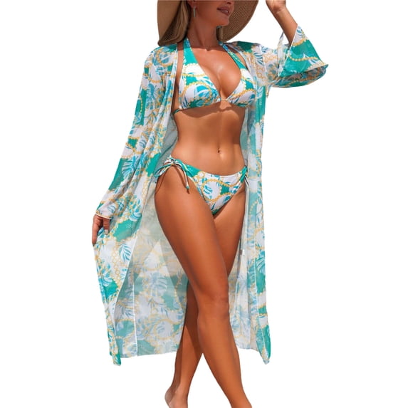 Ynynloco Women's Summer 3 Piece Swimsuits Tropical Sexy Leaf Print Bikini Set Halter Drawstring Bathing Suits with Cover Up