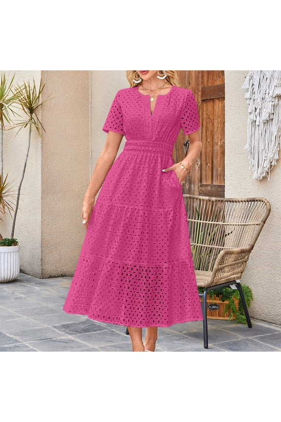 Women's Summer Boho Embroidery Eyelet Dress V-Neck Collared Embroidery Smocked Tiered Midi Tunic Dress with Pockets