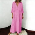 thumbnail image 1 of Ynynloco Women's Summer Cotton Linen Half Sleeves Button Down Casual Loose Slit Midi Dress with Pockets, 1 of 8
