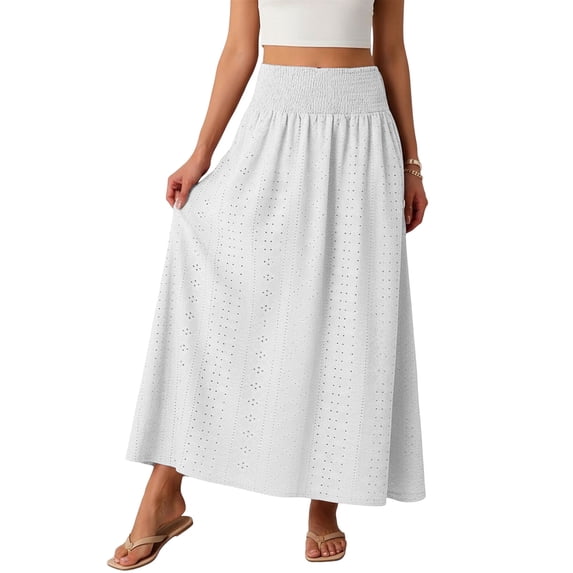 Ynynloco Women's Summer Hollow Out Eyelet Maxi Elastic High Waist A-Line Vintage Embroidery Casual Vacation Boho Midi Skirts