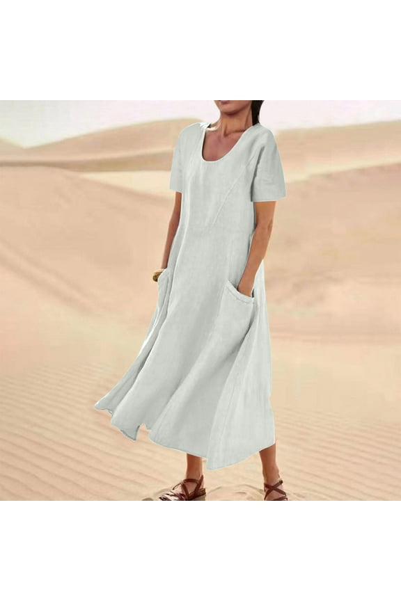 Women's Summer Short Sleeve Empire High Waist Long Maxi Casual Stretchy Dress with Pockets for Daily Wear