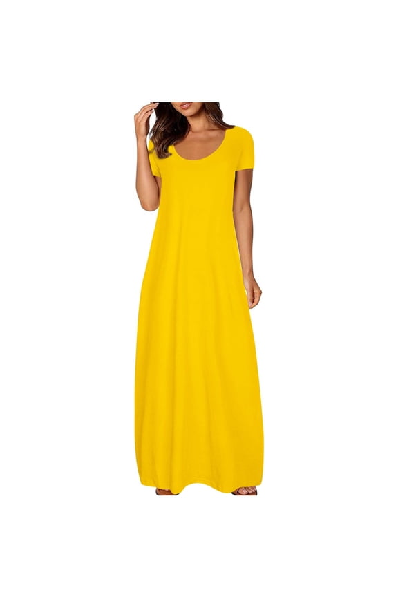 Women's Summer Short Sleeve Empire High Waist Long Maxi Casual Stretchy Dress with Pockets for Daily Wear