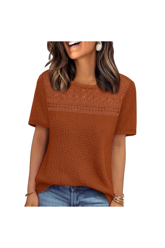 Women's Tops Dressy Casual Scoop Neck Short Sleeve Waffle Knit Hollow Out Shirts Loose Tunic Blouses Mesh Clothes