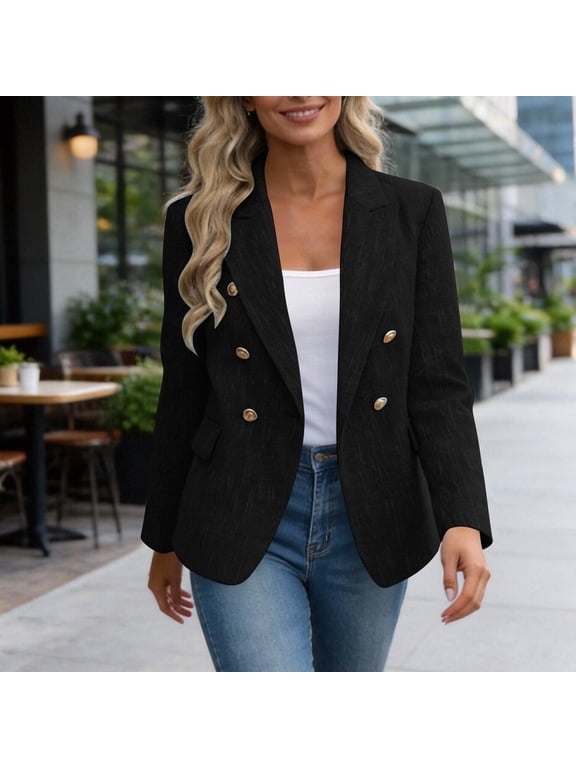 Women's Tweed Blazers Business Casual - Long Sleeve Double Gold Button Breasted Jackets Open Front Work Suits