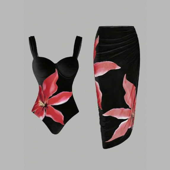 Ynynloco Women's Two Piece Swimsuit with Sarong Cover Up Set Floral Print Push Up Bathing Suit with Ruched Skirt