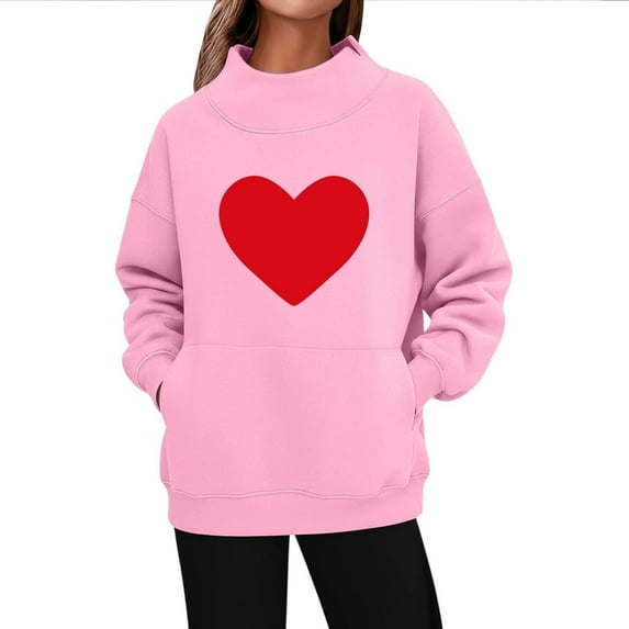Ynynloco Women's Valentine's Day Sweatshirt Heart Print Turtleneck Long Sleeve Pullover Tops with Pocket Fall Winter Warm Sweatshirts