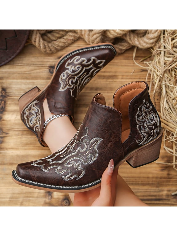 Women's Western Embroidered Cowboy Boots Cowgirl Ankle Pointed Toe Chunky Heel Cutout Cowboy Booties for Music Concerts Daily Wear