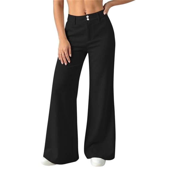 Ynynloco Women's Wide Straight Leg Dress Pants with Pockets High Waist Dress Pants Elastic Waist Casual Button Trouser Fall Winter Clothes
