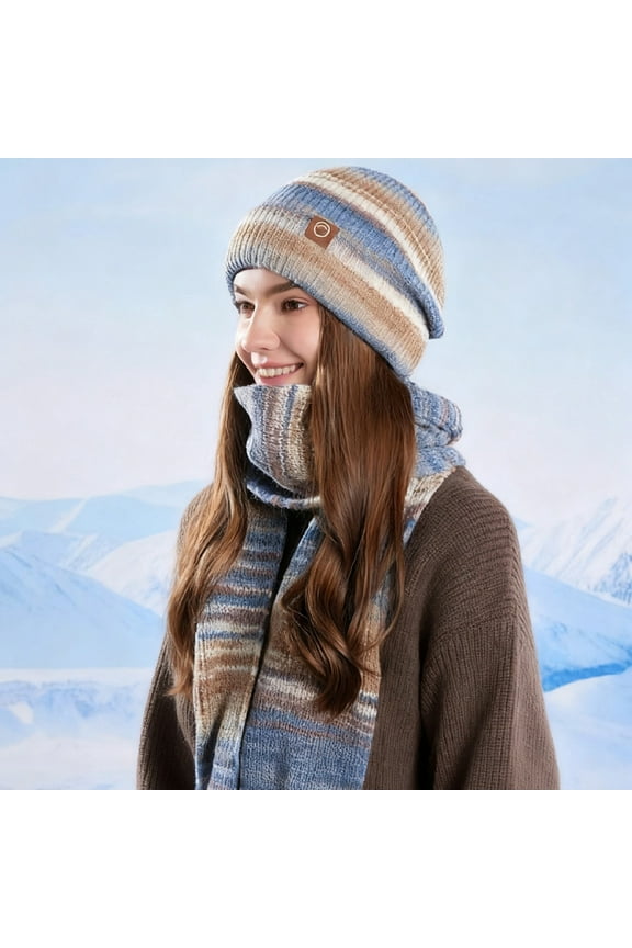 Women's Winter Warm Knitted Crochet Hat Wool Hat, and Scarf Two-Piece Set Fleece Lined Cable Faux Fur Pom Pom Beanie Hat
