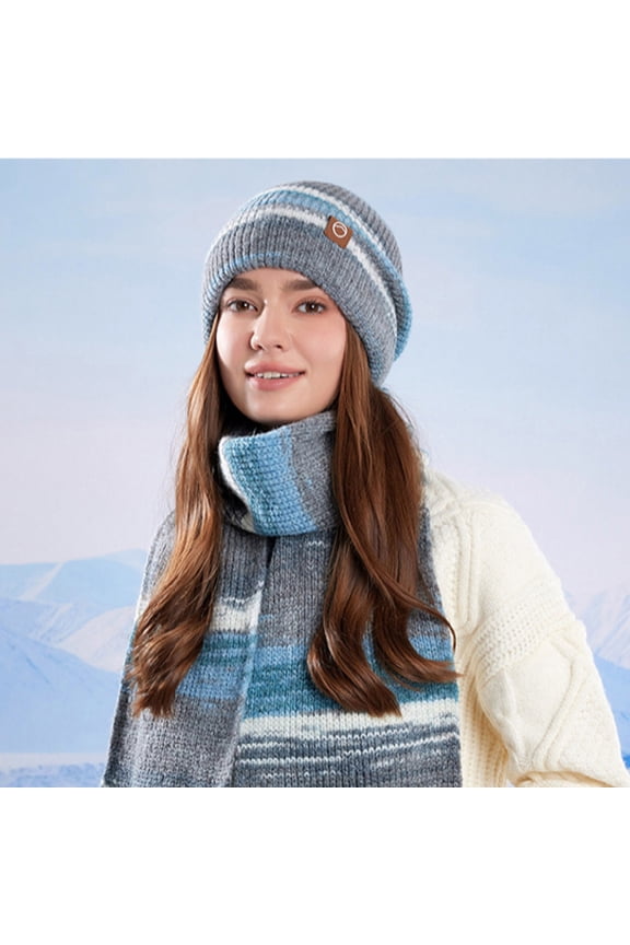 Women's Winter Warm Knitted Crochet Hat Wool Hat, and Scarf Two-Piece Set Fleece Lined Cable Faux Fur Pom Pom Beanie Hat