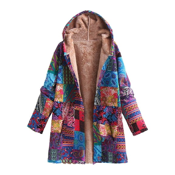 Ynynloco Women's fashionable cotton and linen printed hoodie, autumn and winter long-sleeved fleece jacket, casual hooded sweatshirt, thick lining for warmth