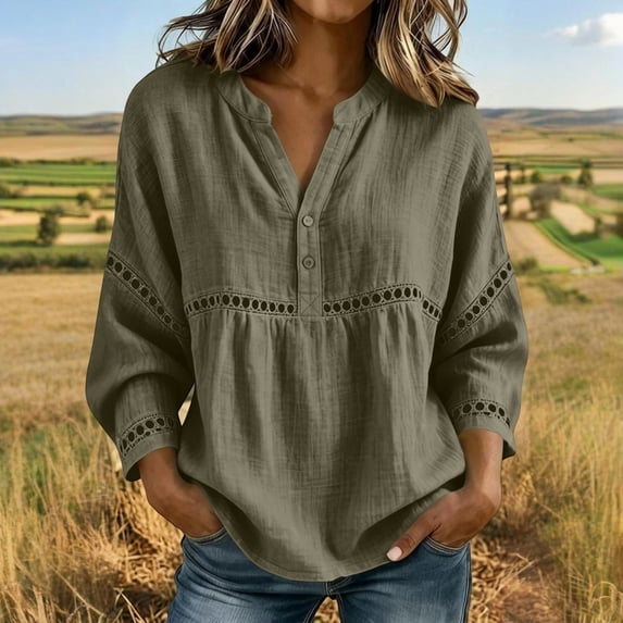 Ynynloco Womens 100%Cotton 3/4 Batwing Sleeve Tops Dressy Casual V-Neck Button Tops T-Shirts Loose Fit Eyelet Work Blouses