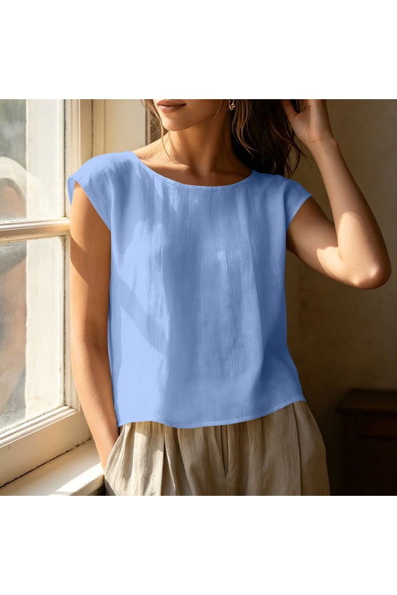 Womens 100% Cotton Linen Casual Cap Sleeve Tops Basic Summer Loose Fit Blouse Flowy Tops Cute Loose Fit Basic Tees