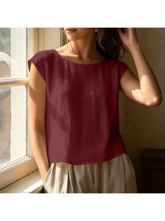 Womens 100% Cotton Linen Casual Cap Sleeve Tops Basic Summer Loose Fit Blouse Flowy Tops Cute Loose Fit Basic Tees