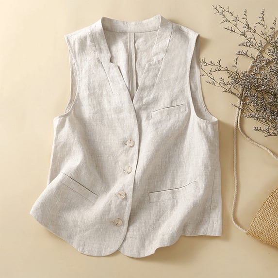 Ynynloco Womens 100% Cotton Linen V Neck Blazer Vest Summer Sleeveless Fitted Waistcoat Work Casual Cotton Suit Tops