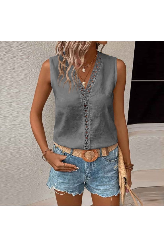 Womens 100%Cotton Tank Tops Dressy Casual Summer Lace Sleeveless V Neck Tee Shirts Pleated Front Buttons Blouses for Summer Beach Daily
