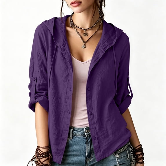 Ynynloco Womens 100%Cotton Tops 3/4 Sleeve Lightweight Drawstring Hoodies Button V Neck Casual Blouses Shirts