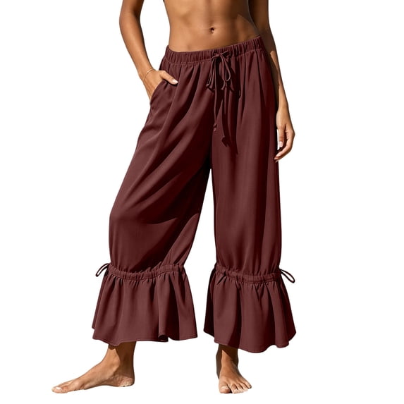 Ynynloco Womens 100%Cotton Wide Leg Pants Casual Ruffle with Ties Palazzo Flowy Drawstring Loose Lightweight Cute Pants with Pockets
