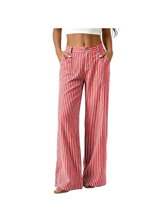 Womens 100%Cotton Wide Leg Pants High Waisted Loose Pants Button Down Business Work Casual Pants with Pocket