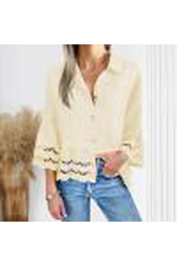 Womens 3/4 Bell Sleeve Button Down Trendy Eyelet Shirts Casual Ruffle Hem Tops Eyelet Blouse