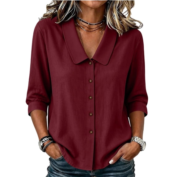 Ynynloco Womens 3/4 Sleeve Cotton Linen Shirts Peter Pan Collar Button Down Tops Lightweight Breathable Casual Cute Tops