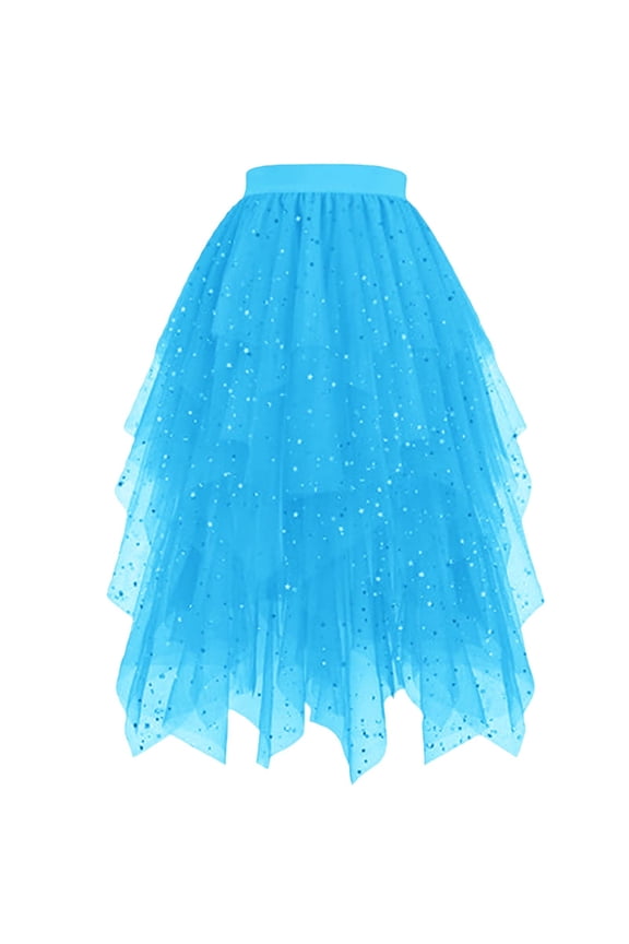 Womens A-Line Glitter Star Asymmetrical Tulle Tutu Skirt Elastic High Waist Layered Ruffle Party Skirt Tea Party Tutus